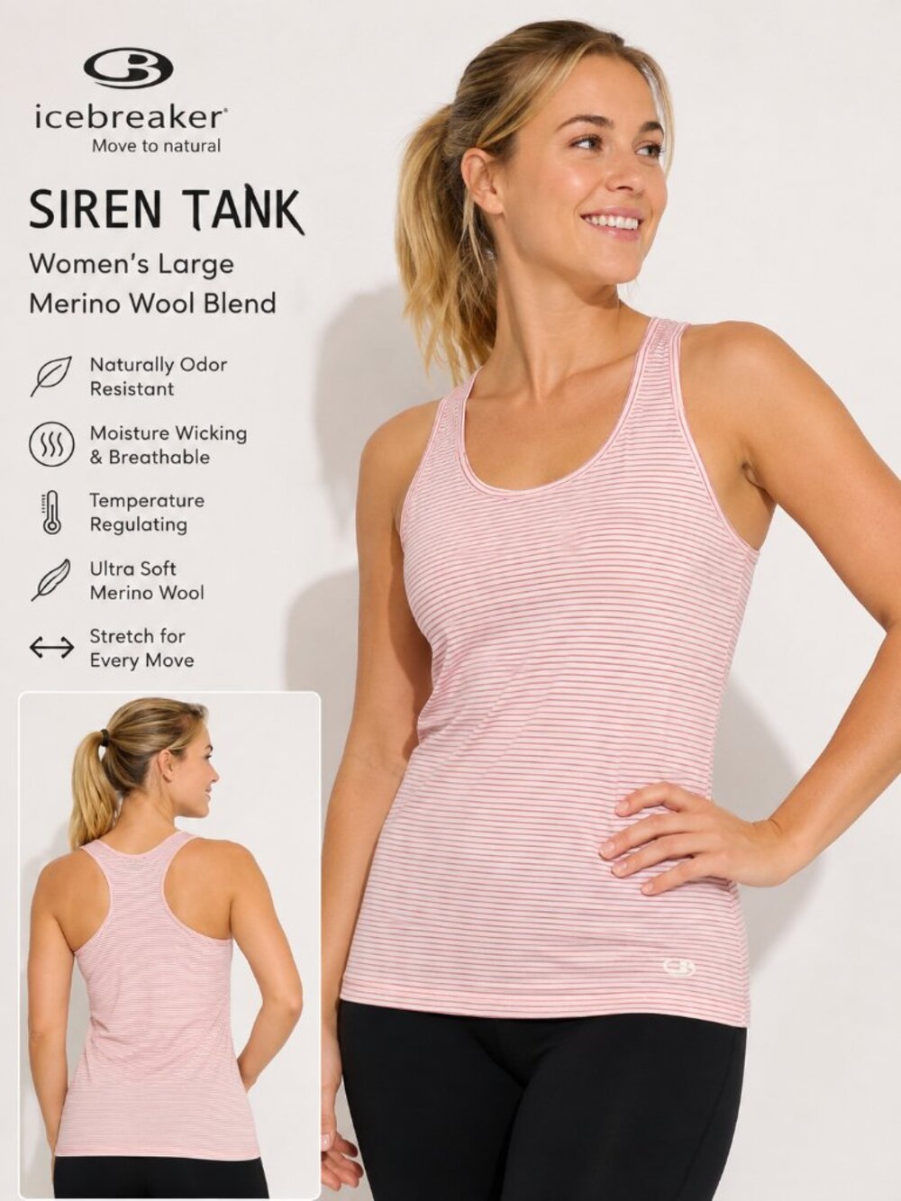 NWT Icebreaker Siren Tank Women's Large Merino Wool Pink White Striped Base Laye